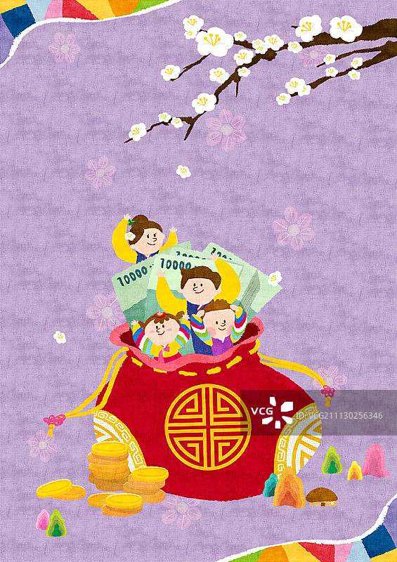 穿着韩服，拿着幸运袋和韩国纸币的家庭图片素材