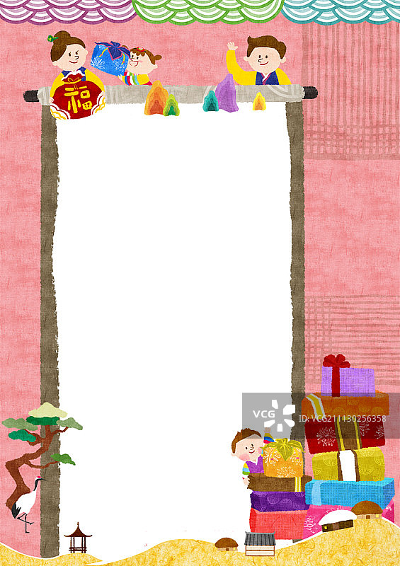 身穿韩服，手提福袋的一家人图片素材