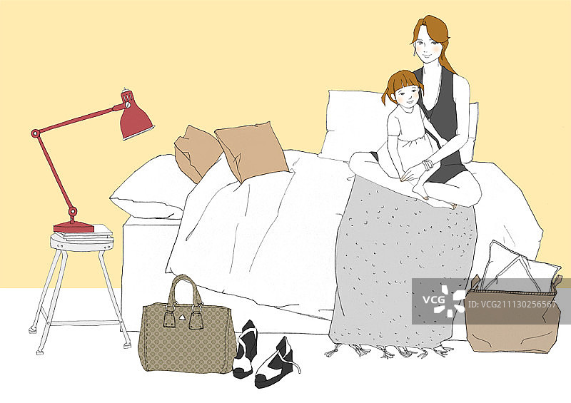 和女孩一起坐在床上的女人图片素材