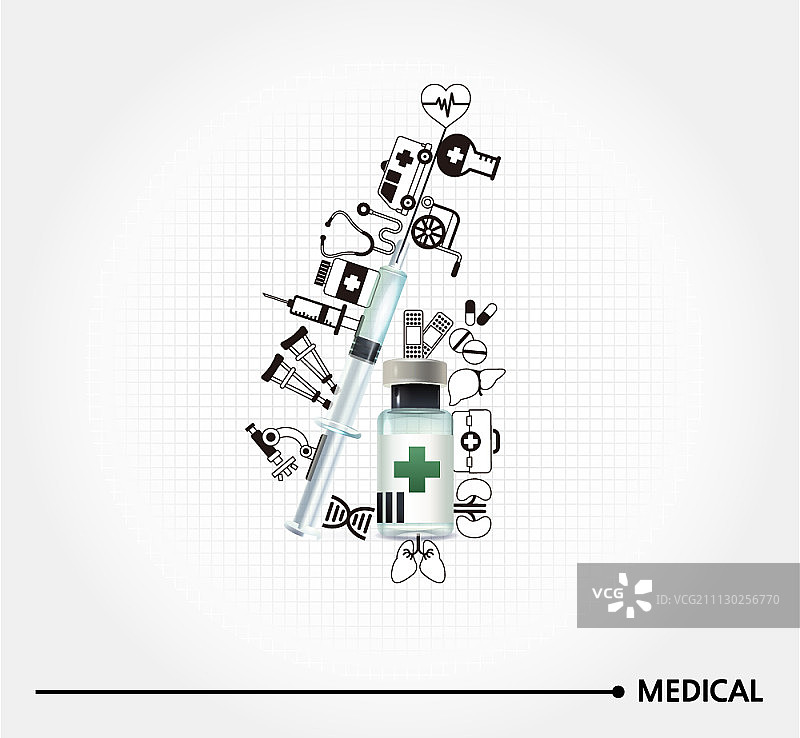 背景带有医疗主题图标的注射器和瓶子图片素材