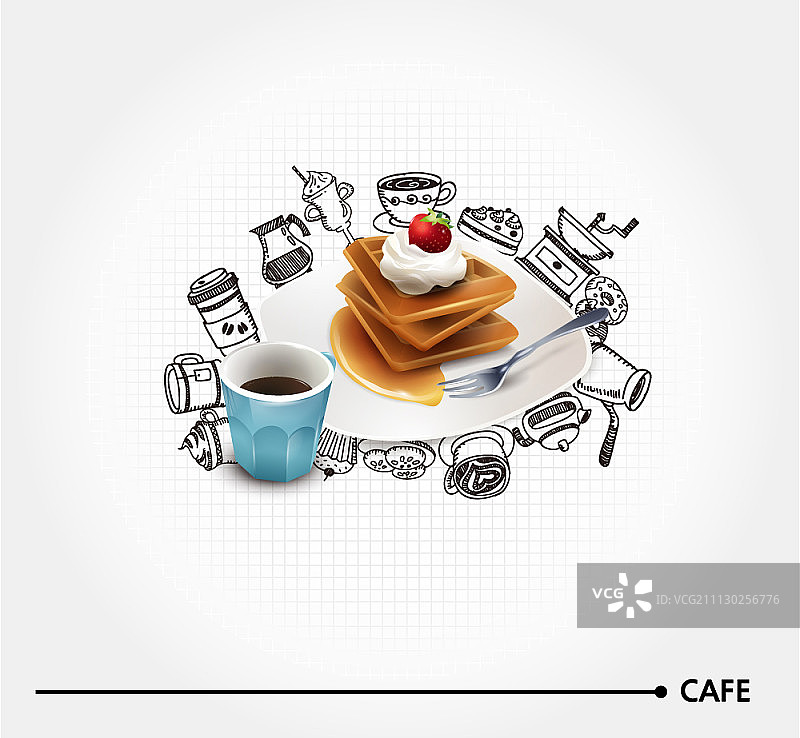 华夫饼和咖啡与咖啡馆主题图标背景图片素材