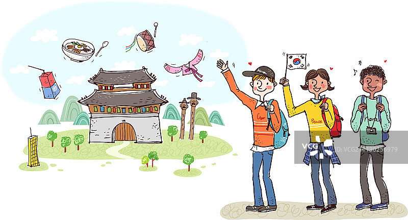 体验韩国文化的西方人插画图片素材