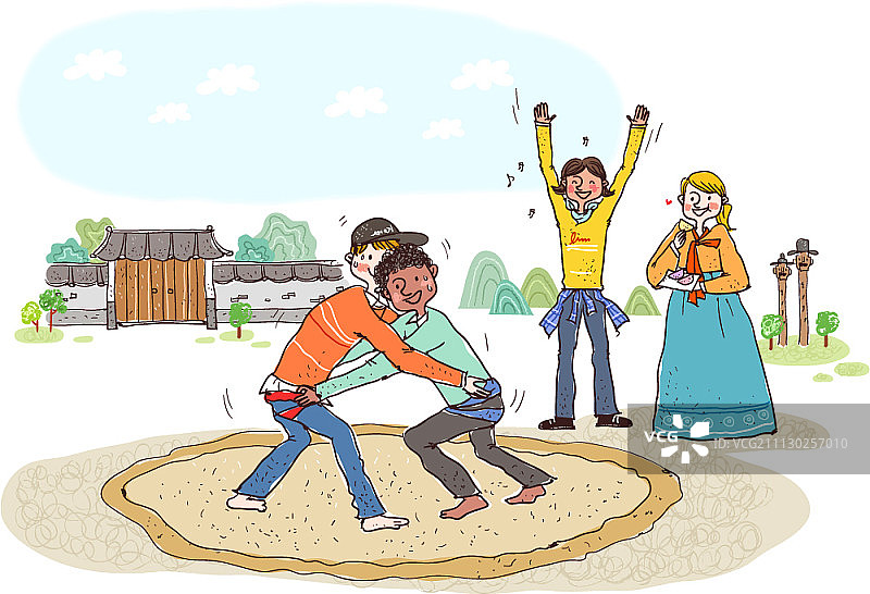 体验韩国文化的西方人插画图片素材