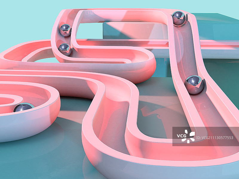 3D小钢珠在弯曲的轨道里运动图片素材