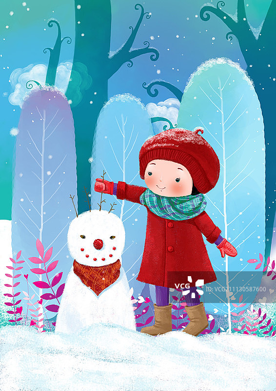 小星星童趣插画系列-红帽女孩 雪人图片素材
