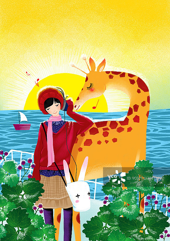 快乐唯美插画-听音乐的女孩和长颈鹿图片素材