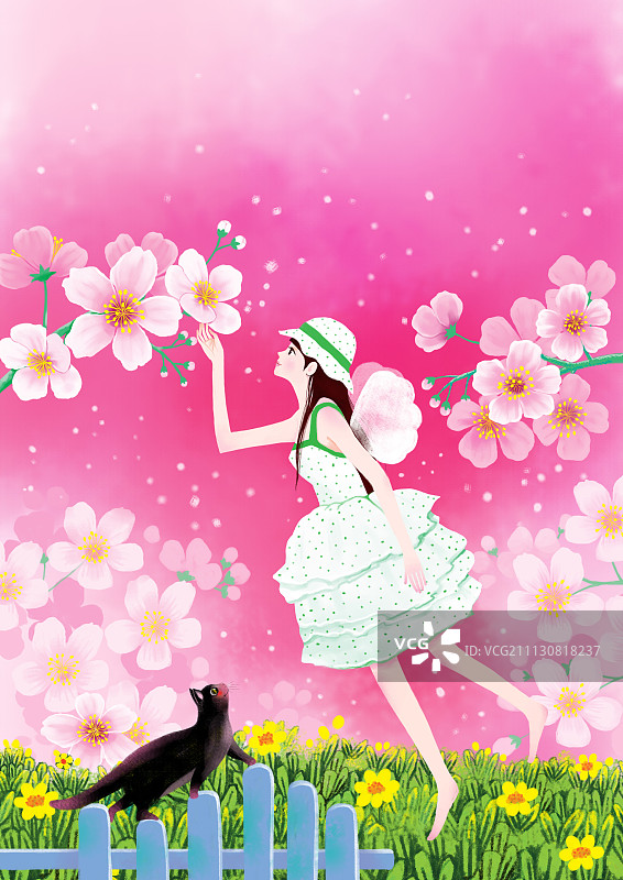 博览唯美插画系列-闻花香的女孩图片素材