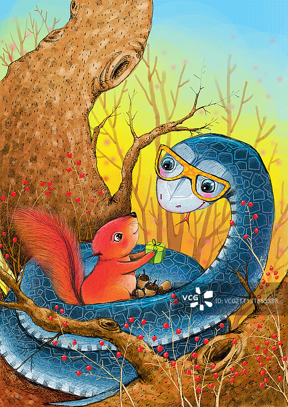 天地童趣动物插画系列-松鼠向蛇献礼图片素材