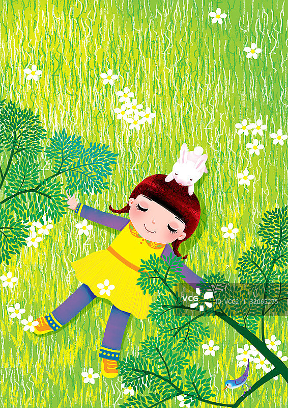 动物大世界插画系列-躺在草地上的小女孩图片素材