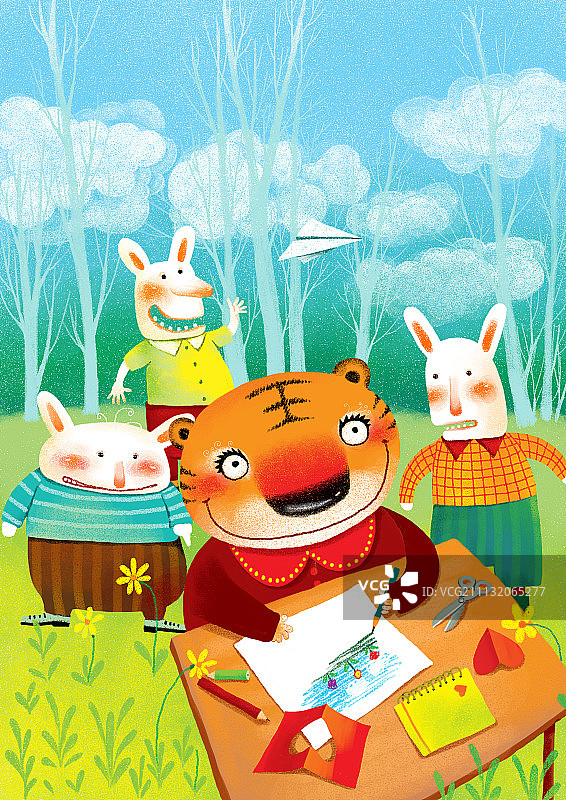 动物大世界插画系列-一群兔和老虎图片素材