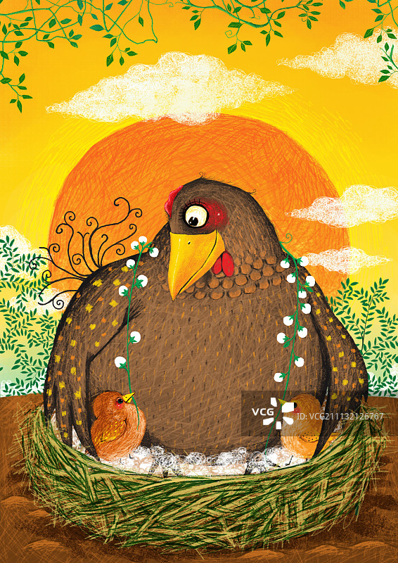 动物大世界插画系列-孵蛋的母鸡图片素材