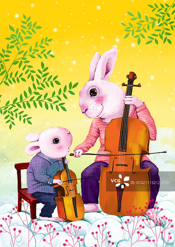 动物大世界插画系列-兔子大提琴图片素材