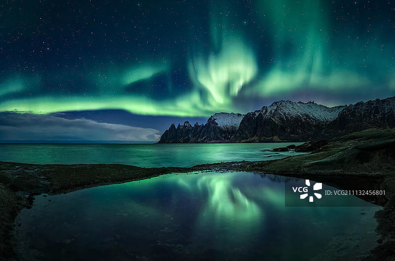塞尼亚岛的极光倒影图片素材