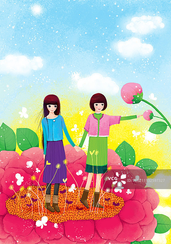 处世唯美插画系列-牵手花蕾中图片素材