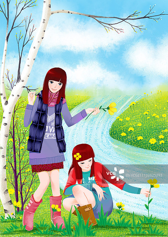 处世唯美插画系列-河边的两个女生图片素材