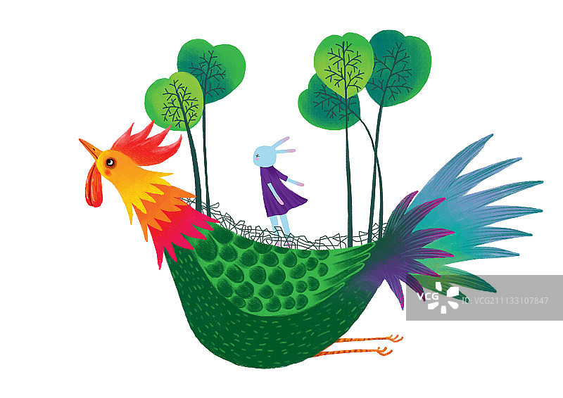 哲理兔系列插画-站在公鸡上图片素材