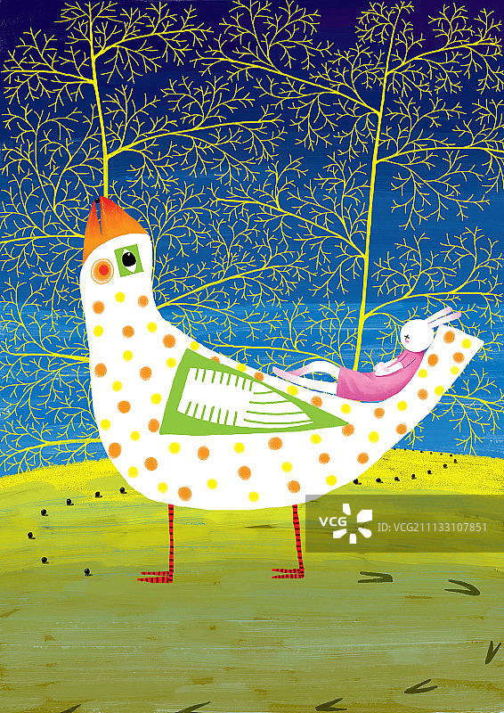 哲理兔系列插画-躺在鸟尾巴上睡觉图片素材