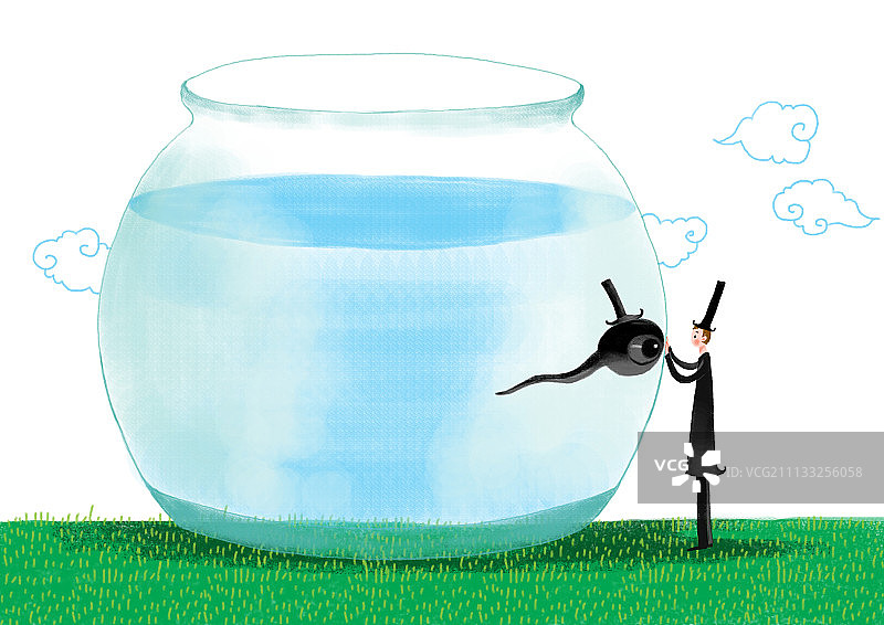 大礼帽大绅士系列插画-鱼缸里的蝌蚪图片素材