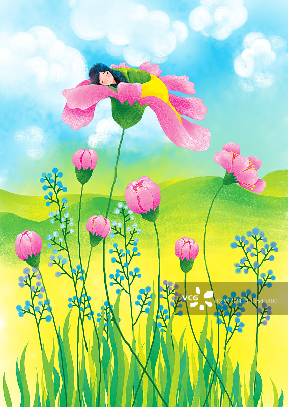 哲理女孩系列插画-花朵上睡觉的女孩图片素材