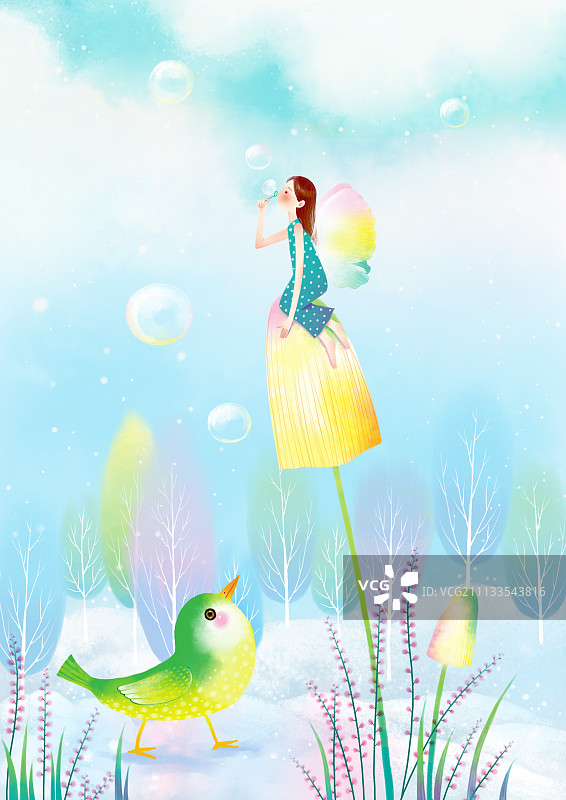 哲理女孩系列插画-吹泡泡的女孩图片素材