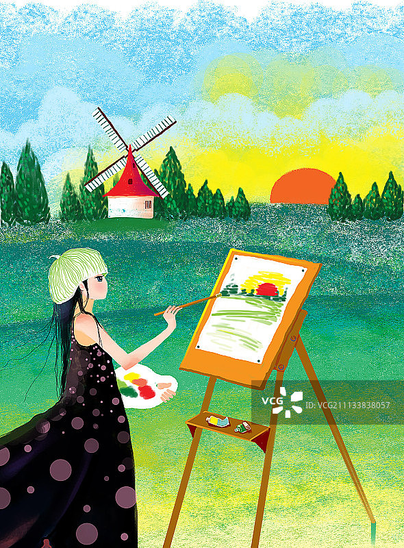 青春唯美插画系列-画画的女人图片素材