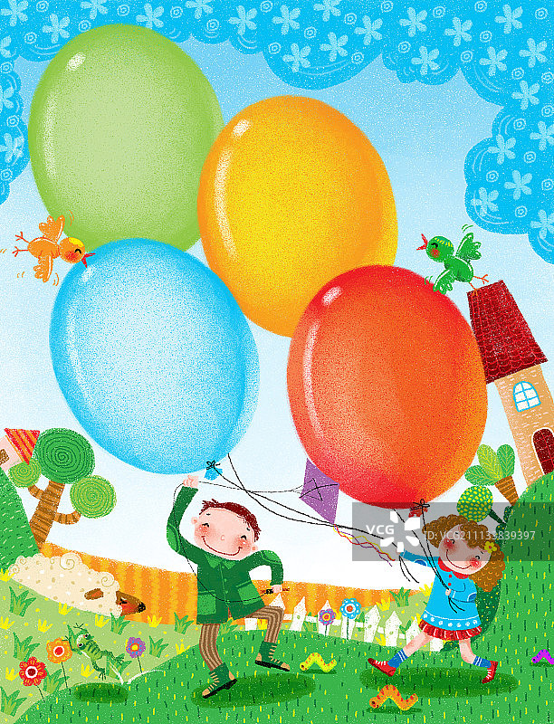 童趣边框插画系列-牵着气球的男孩女孩图片素材