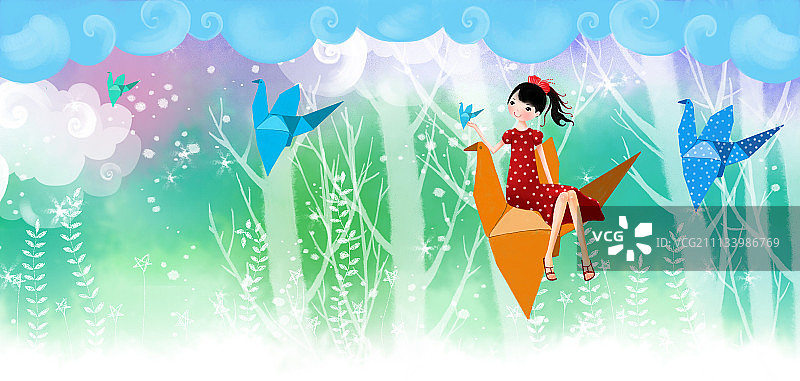 童趣边框插画系列-纸鹤图片素材