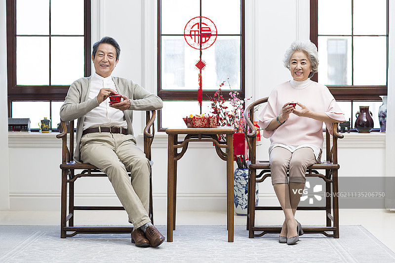 老年夫妇在家里喝茶图片素材