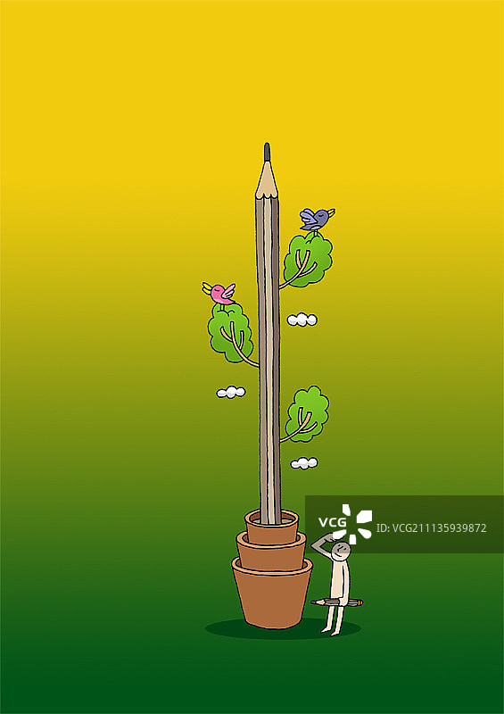 仰望铅笔树的男人插画图片素材