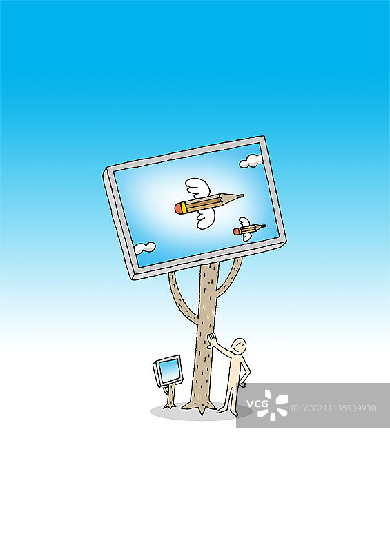 树上电脑屏幕男子插画图片素材
