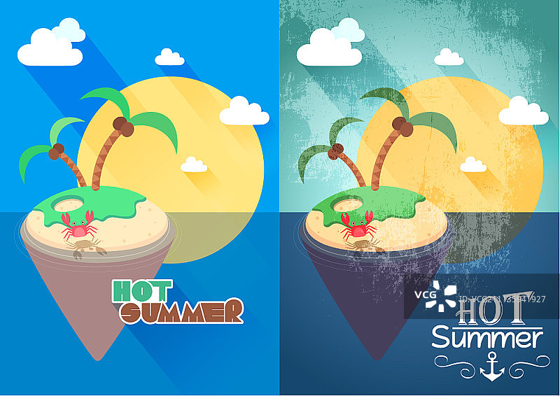 夏季主题插画：扁平与复古风格的对比图片素材