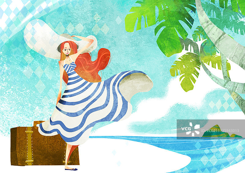 蓝色条纹连衣裙拿帽子的女人图片素材