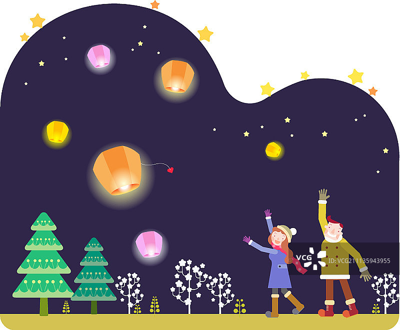 夜空中漂浮的灯笼，年轻夫妇祈祷祝福图片素材