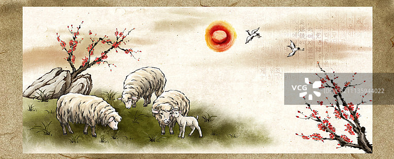 带画框的水墨绵羊画图片素材