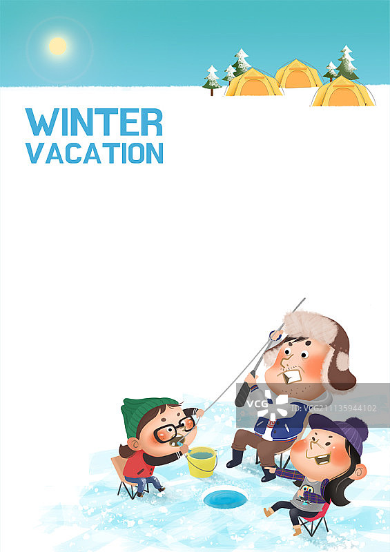 一家人在冬季假期冰钓图片素材