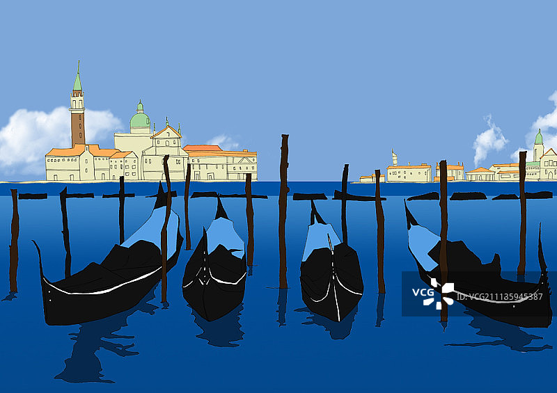 停靠在运河边的贡多拉图片素材