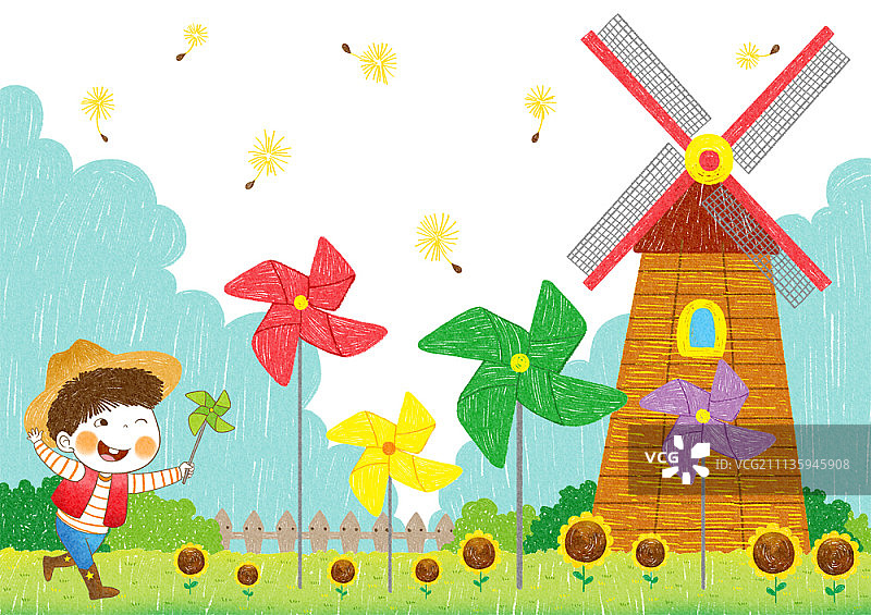 手拿纸风车的男孩图片素材