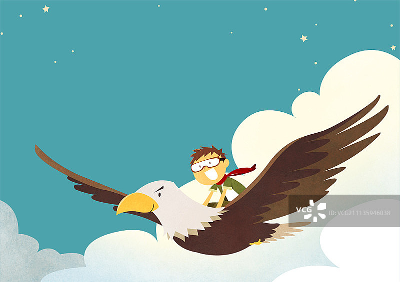 男孩与老鹰一起飞翔图片素材