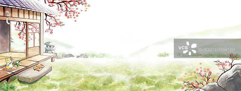 樱花日本风景水彩插画图片素材