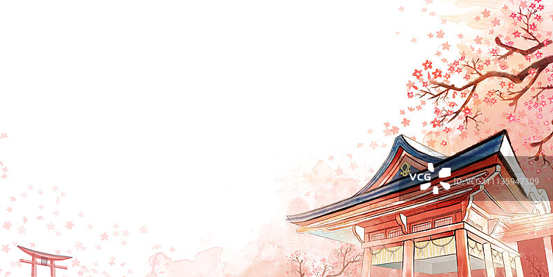 樱花日本风景水彩插画图片素材