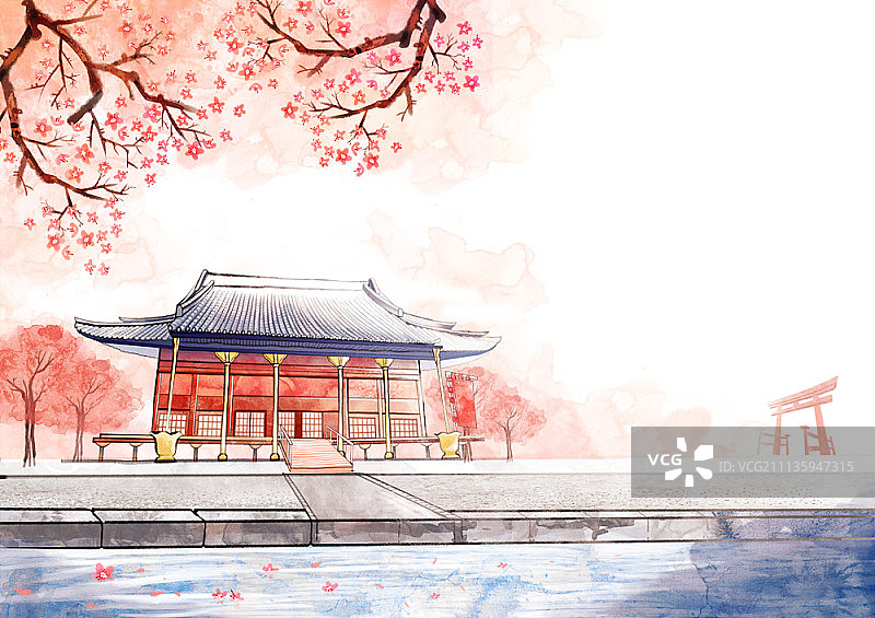 樱花日本风景水彩插画图片素材