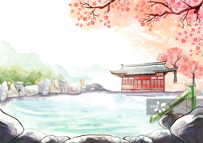 樱花日本风景水彩插画图片素材