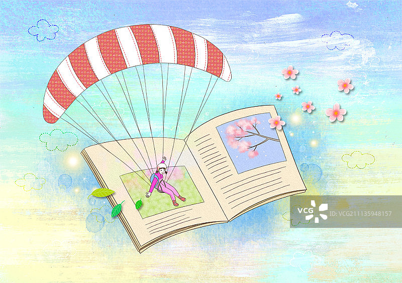 坐在书上拿着降落伞的女孩图片素材