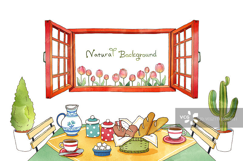 茶桌与开放式窗户插画图片素材