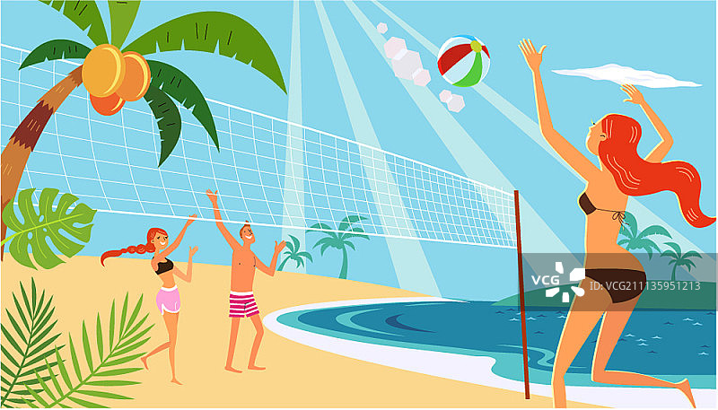 在海滩上打沙滩排球的人群图片素材