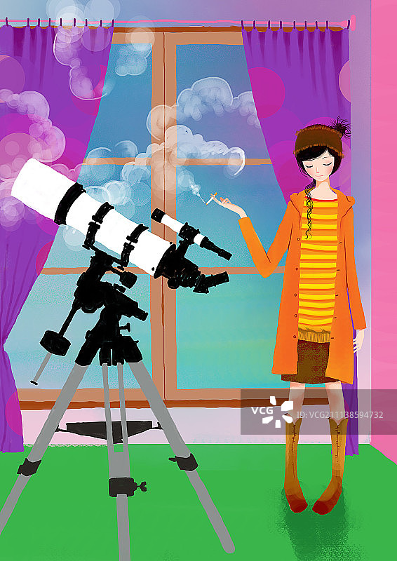 唯美插画系列-天文望远镜图片素材