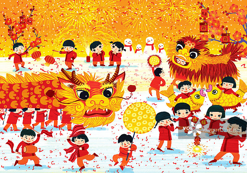 传统节日插画系列——欢欢喜喜过新年图片素材