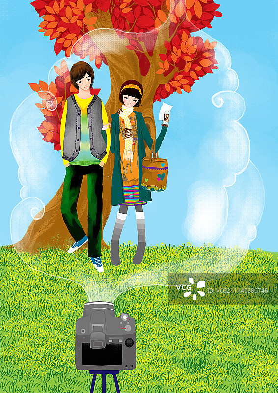 唯美插画系列-拍照的恋人图片素材