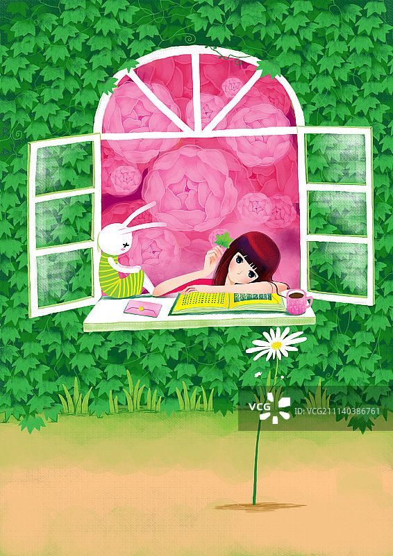 唯美插画系列-趴在窗台上的女孩图片素材