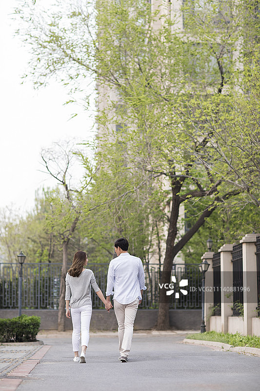 年轻情侣手牵手散步的背影图片素材